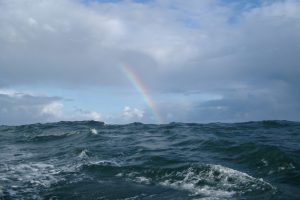 Einsteigen in die Rettungsinsel 12.11.2016 - Nordsee - hoher Seegang und Regenbogen